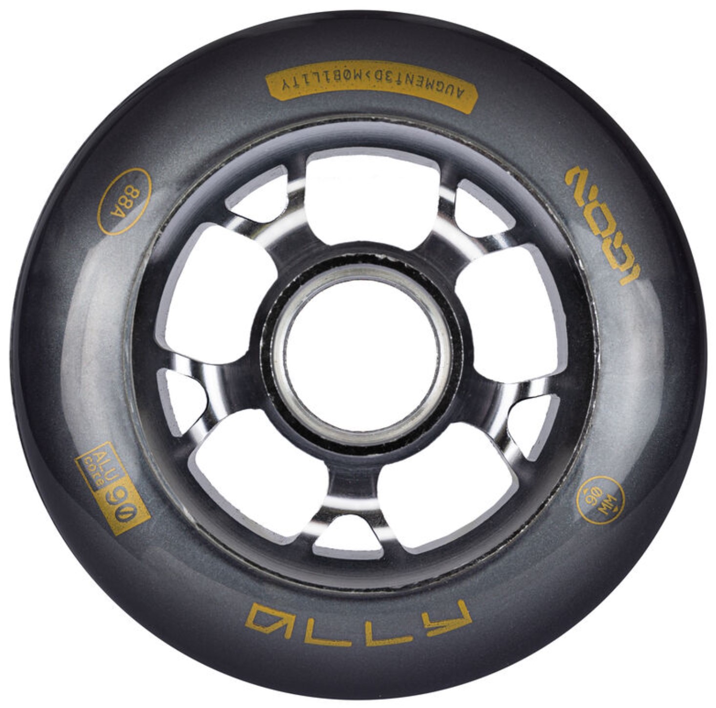 black IQON Ally wheel of 90 mm diameter and 88A durometer with an aluminium core